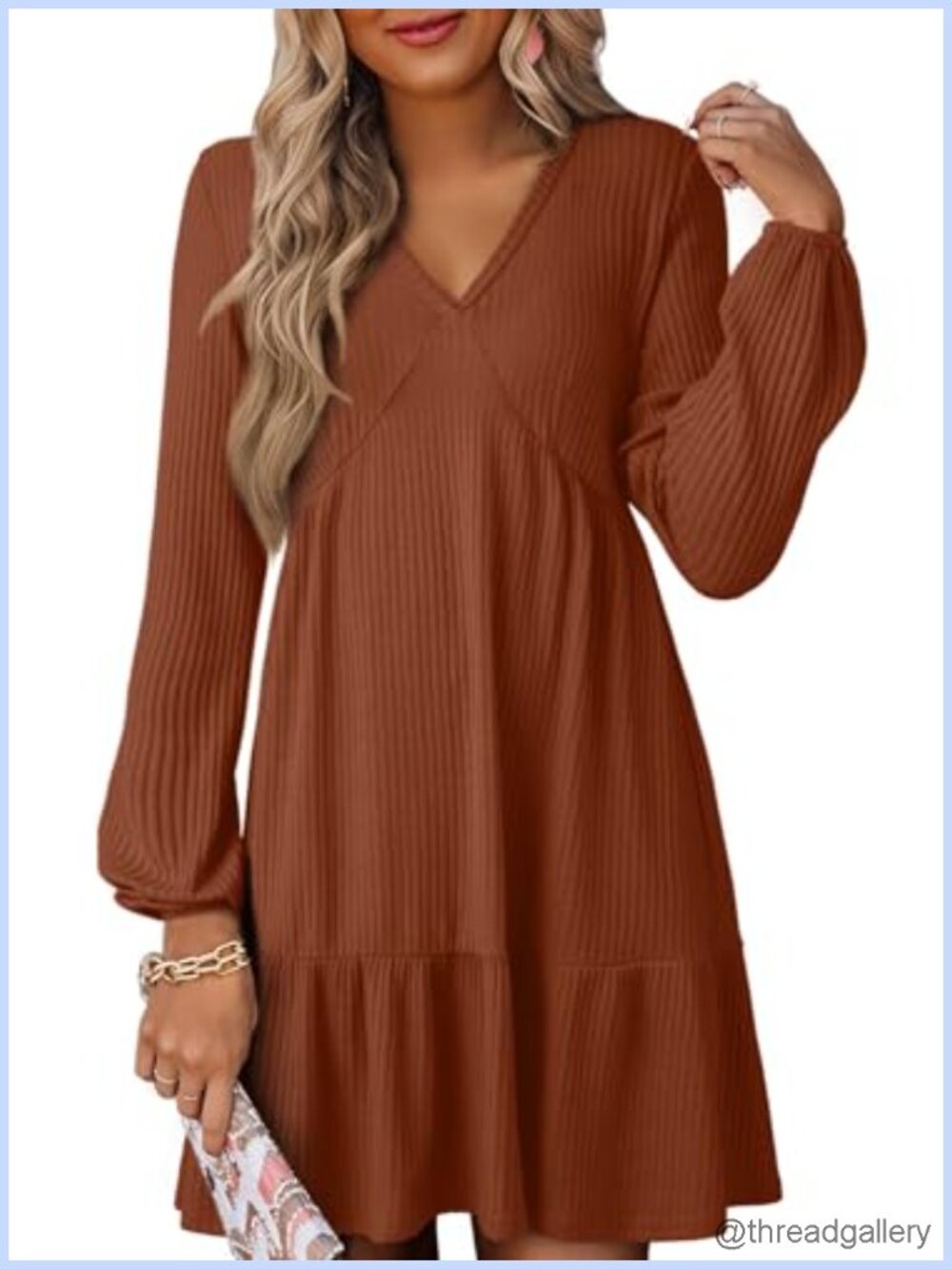 Women's Long Sleeve V Neck Ribbed Knit A Line Swing Mini Dress